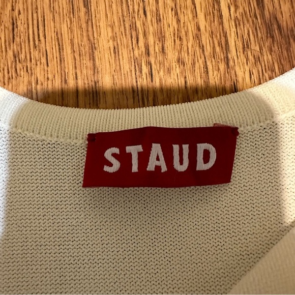 STAUD Two Tone Cream Knit Bell Sleeve Top Blouse knit NO SIZE pleated wrist - Picture 2 of 6